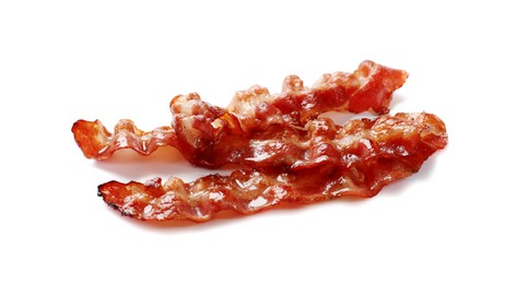 Photo of Slices of tasty fried bacon isolated on white