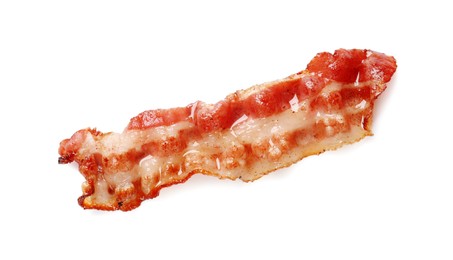 Photo of Slice of tasty fried bacon isolated on white, top view