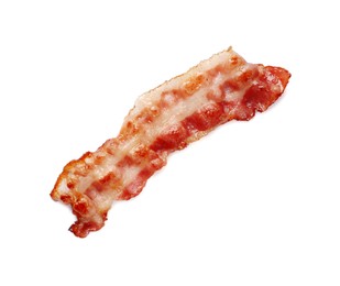 Photo of Slice of tasty fried bacon isolated on white, top view