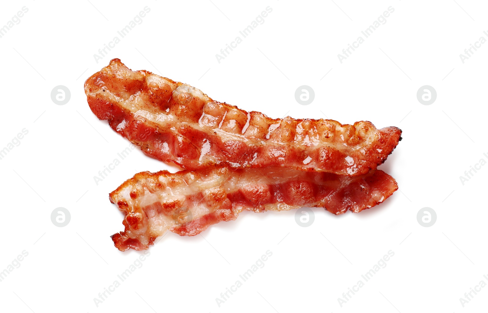 Photo of Slices of tasty fried bacon isolated on white, top view