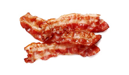 Photo of Slices of tasty fried bacon isolated on white, top view