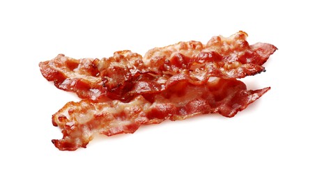 Photo of Slices of tasty fried bacon isolated on white