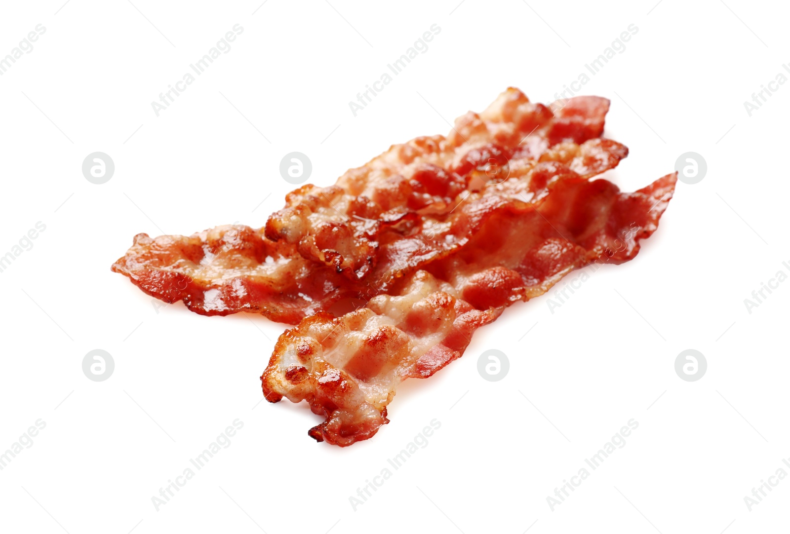 Photo of Slices of tasty fried bacon isolated on white