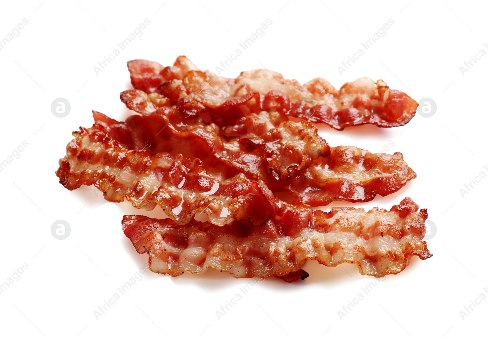 Photo of Slices of tasty fried bacon isolated on white