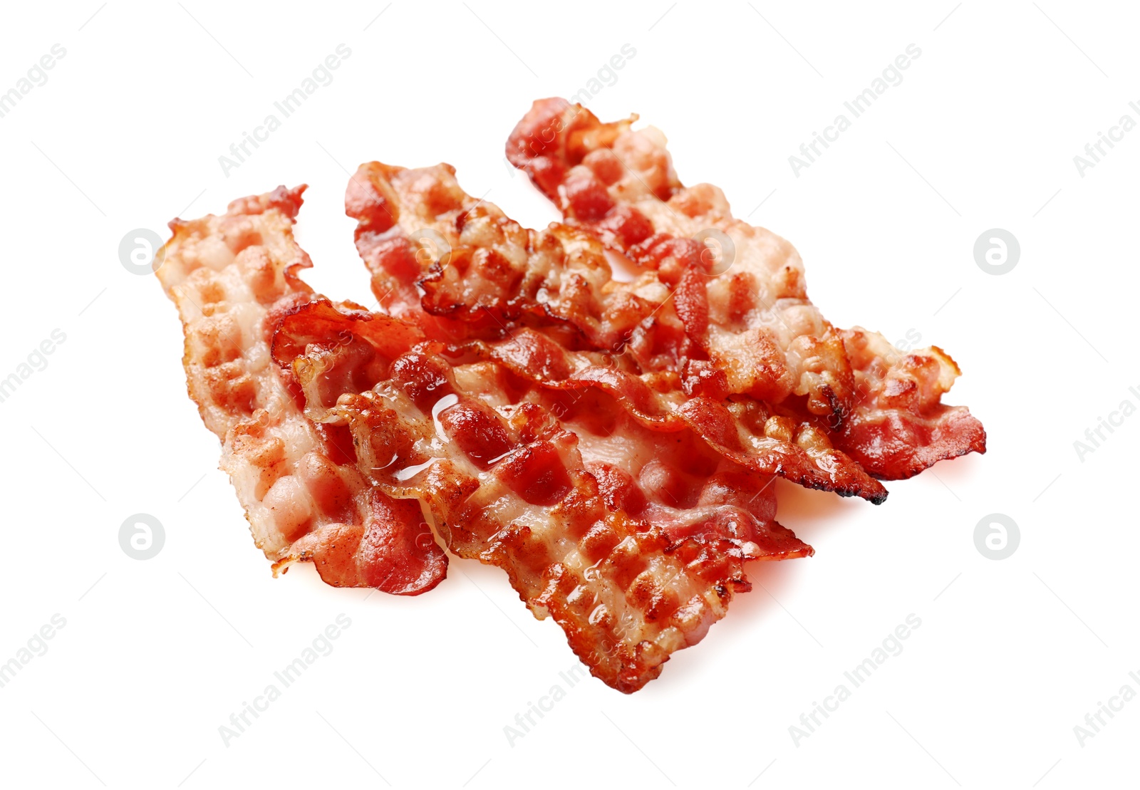 Photo of Slices of tasty fried bacon isolated on white