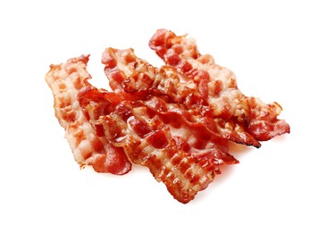 Photo of Slices of tasty fried bacon isolated on white