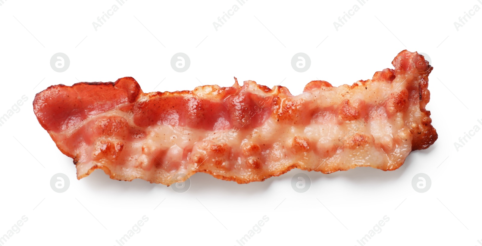 Photo of Slice of tasty fried bacon isolated on white, top view