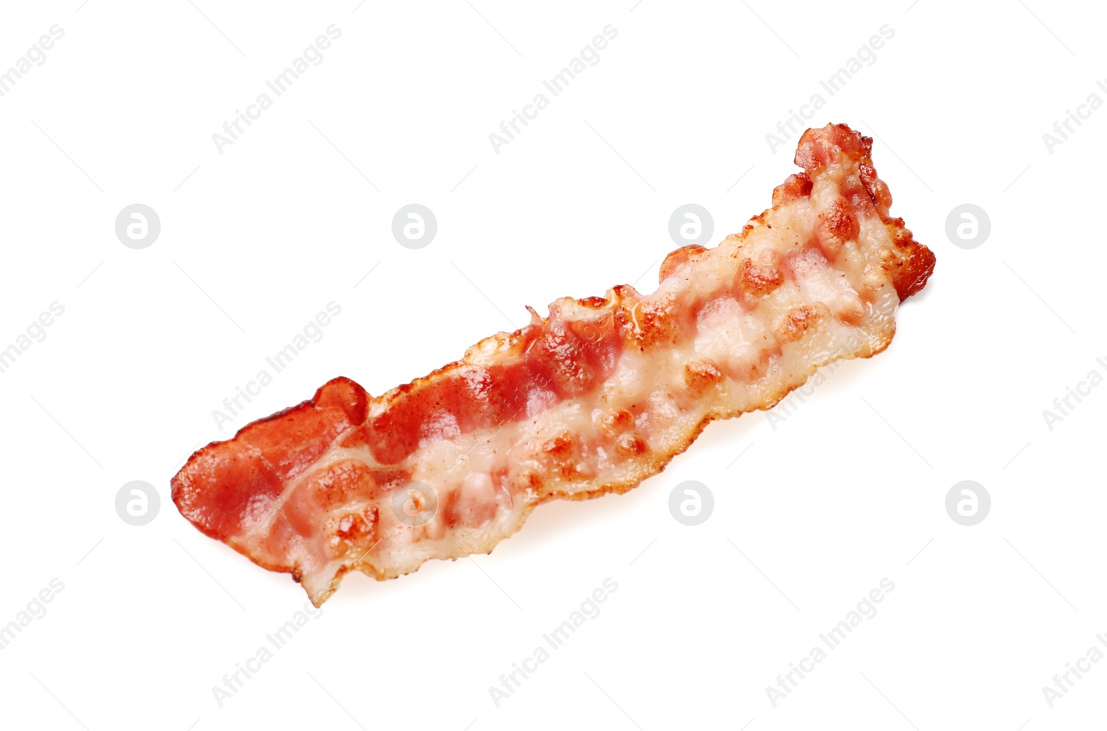 Photo of Slice of tasty fried bacon isolated on white, top view