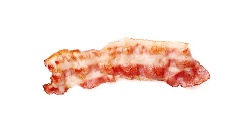 Photo of Slice of tasty fried bacon isolated on white, top view