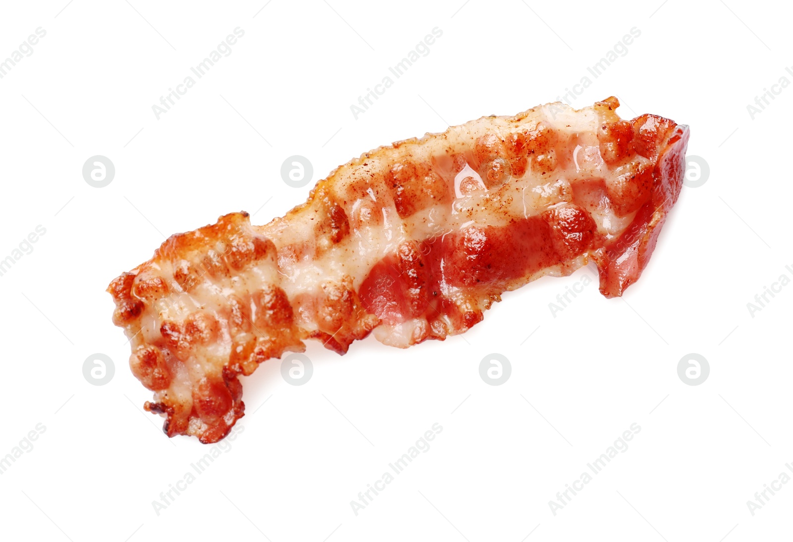 Photo of Slice of tasty fried bacon isolated on white, top view