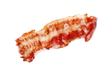 Photo of Slice of tasty fried bacon isolated on white, top view