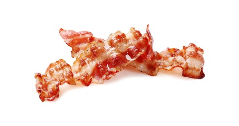 Photo of Slices of tasty fried bacon isolated on white