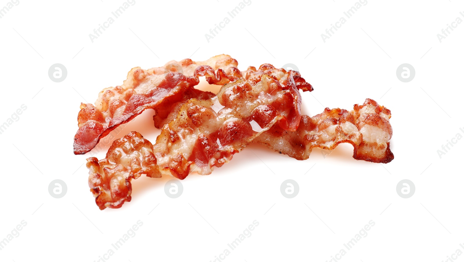 Photo of Slices of tasty fried bacon isolated on white