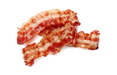 Photo of Slices of tasty fried bacon isolated on white, top view