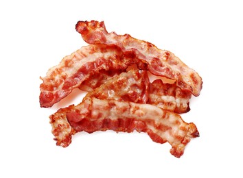 Photo of Slices of tasty fried bacon isolated on white, top view