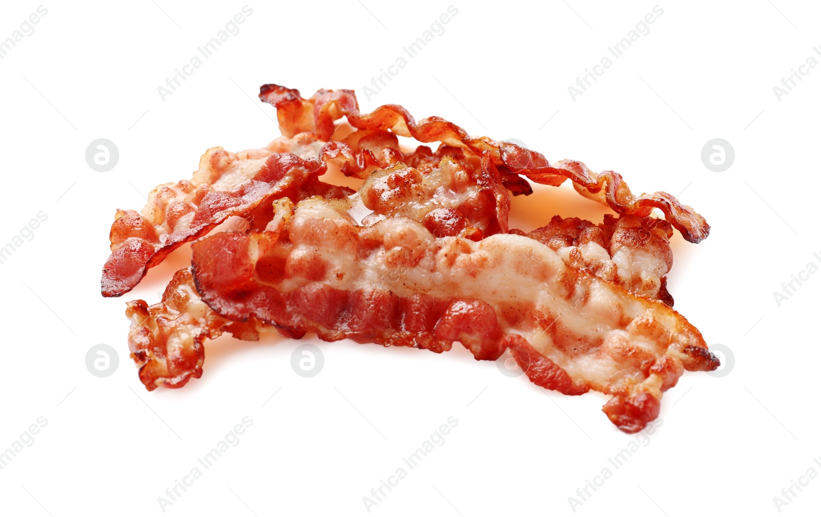 Photo of Slices of tasty fried bacon isolated on white