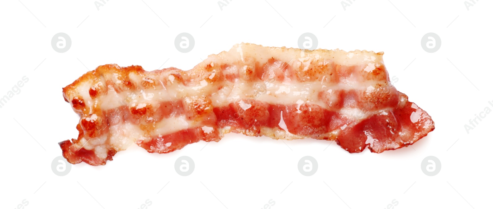 Photo of Slice of tasty fried bacon isolated on white, top view