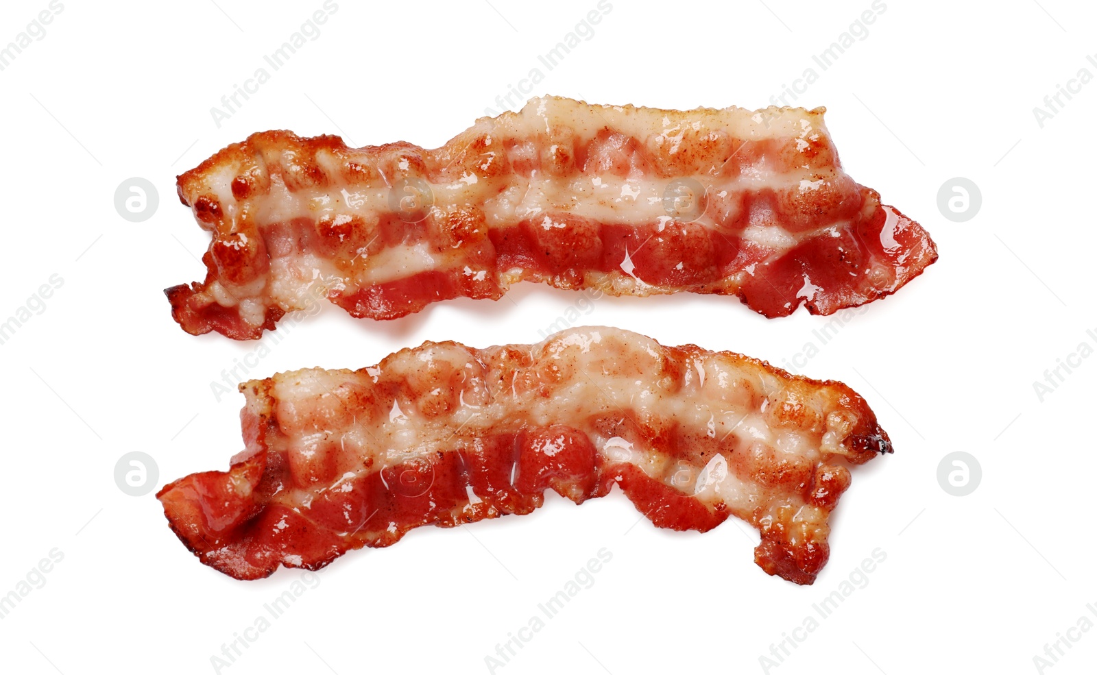 Photo of Slices of tasty fried bacon isolated on white, top view