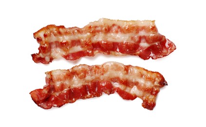 Photo of Slices of tasty fried bacon isolated on white, top view