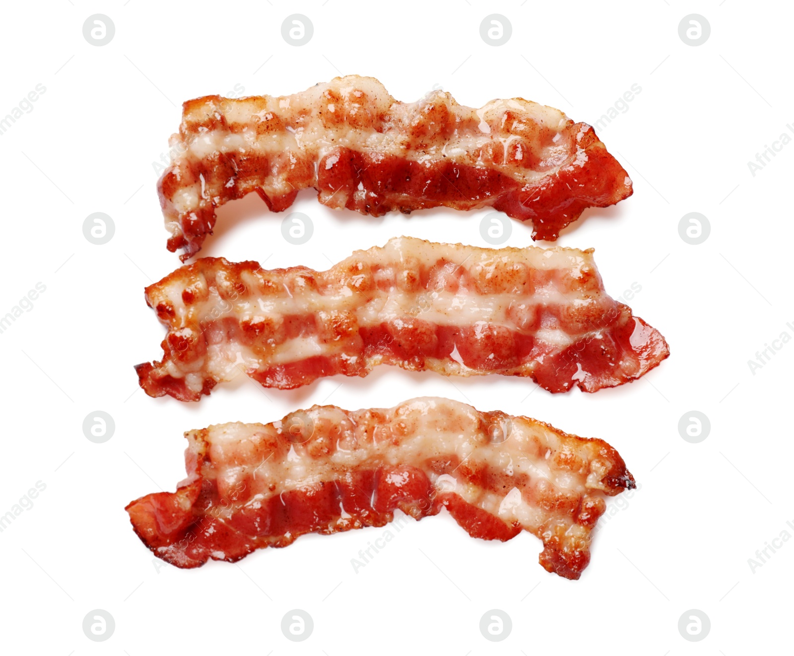 Photo of Slices of tasty fried bacon isolated on white, top view