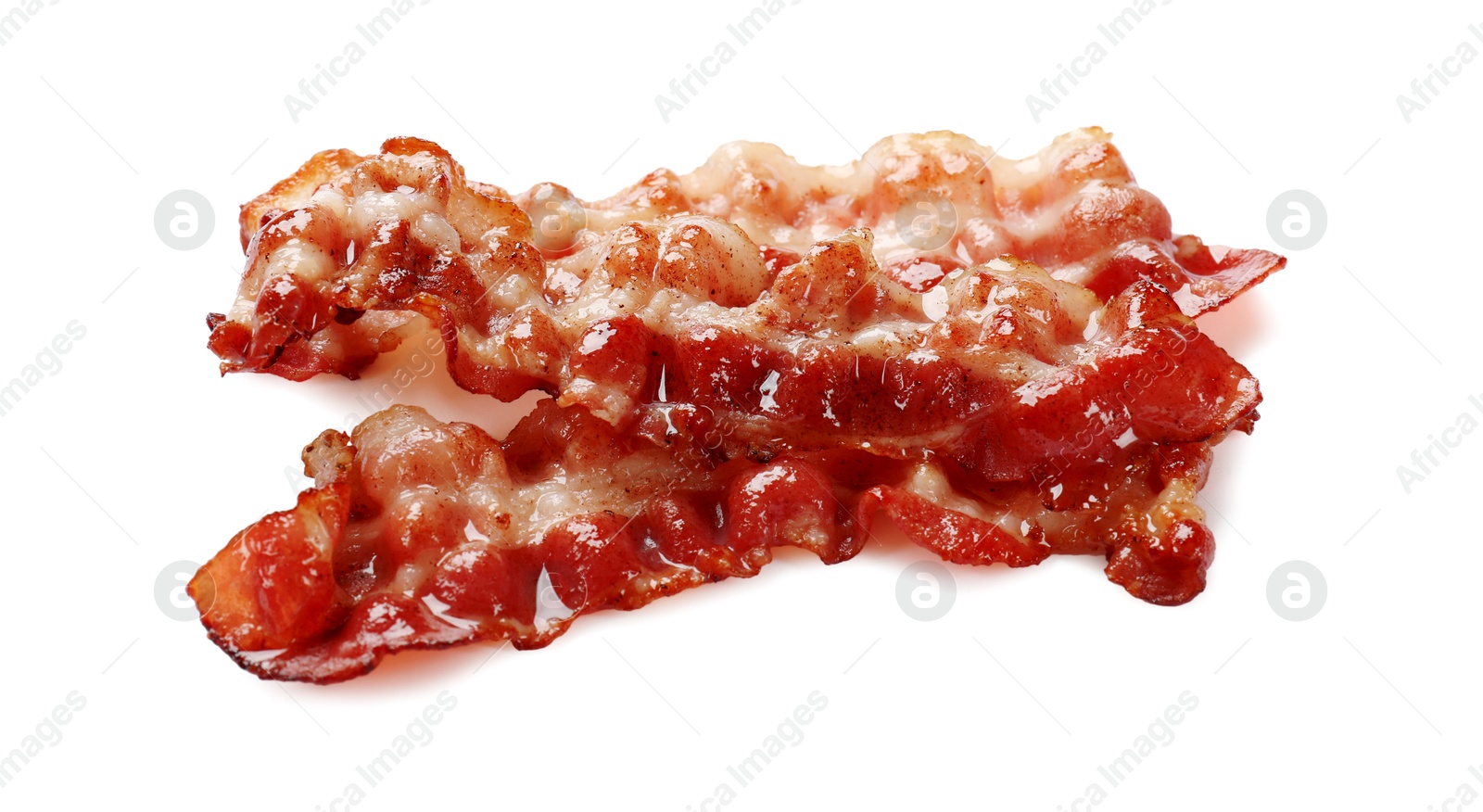 Photo of Slices of tasty fried bacon isolated on white