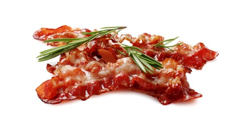 Photo of Slices of tasty fried bacon and rosemary isolated on white