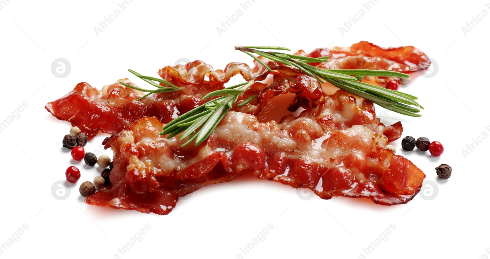 Photo of Slices of tasty fried bacon and different spices isolated on white