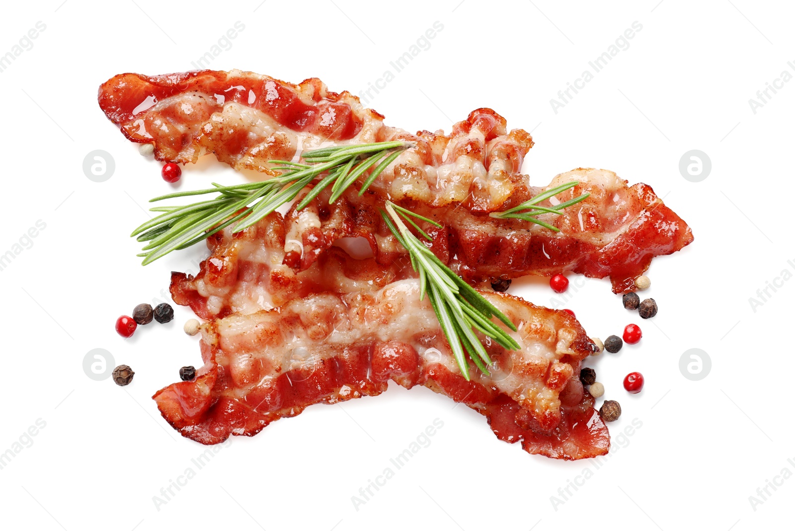 Photo of Slices of tasty fried bacon and different spices isolated on white, top view