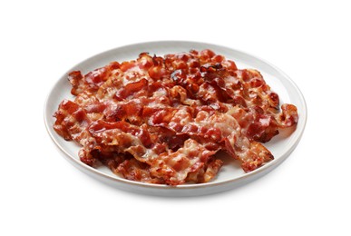 Photo of Slices of tasty fried bacon isolated on white