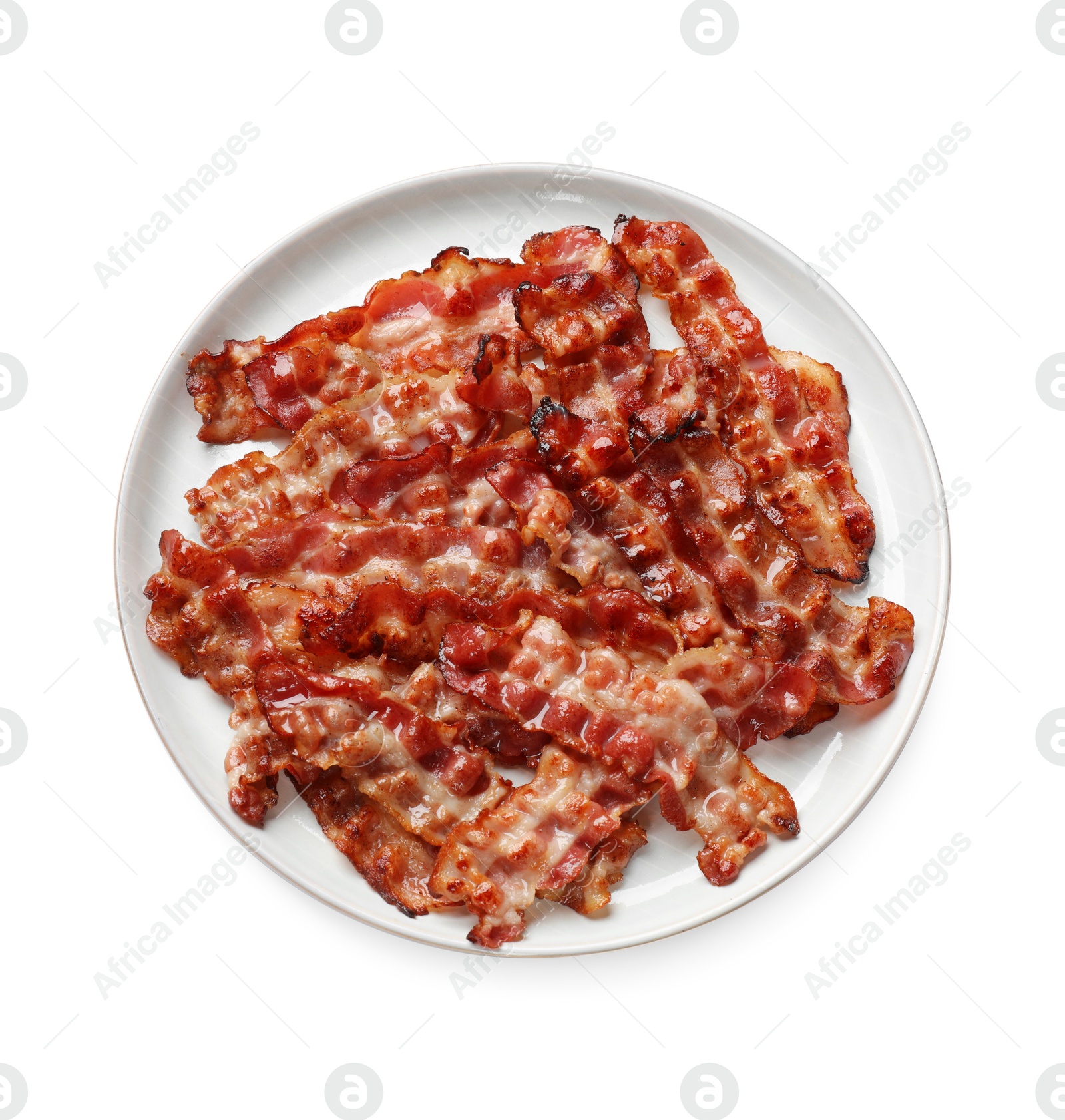 Photo of Slices of tasty fried bacon isolated on white, top view