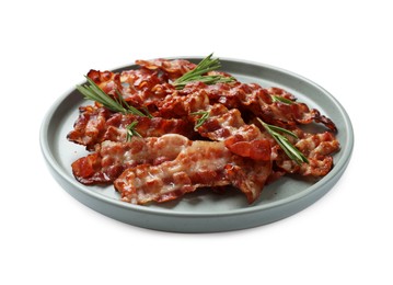 Photo of Slices of tasty fried bacon and rosemary isolated on white