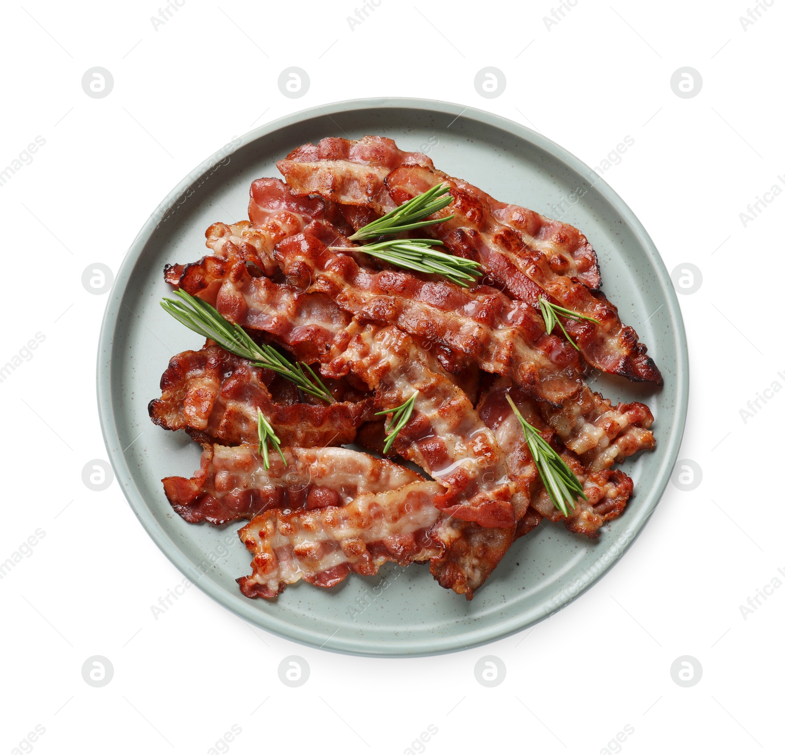 Photo of Slices of tasty fried bacon and rosemary isolated on white, top view