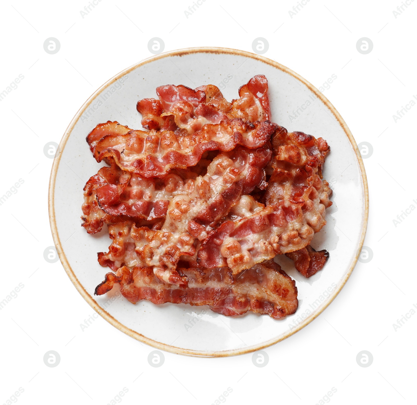 Photo of Slices of tasty fried bacon isolated on white, top view