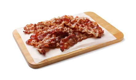 Photo of Slices of tasty fried bacon isolated on white