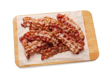 Photo of Slices of tasty fried bacon isolated on white, top view