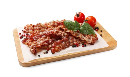 Photo of Slices of tasty fried bacon, tomatoes and spices isolated on white