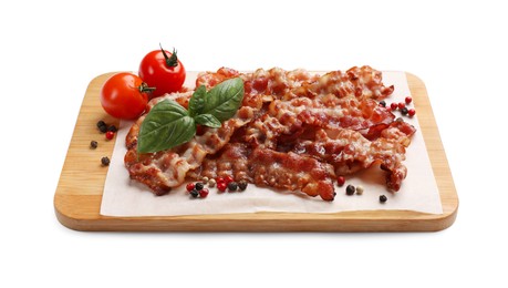 Photo of Slices of tasty fried bacon, tomatoes and spices isolated on white