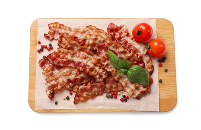 Photo of Slices of tasty fried bacon, tomatoes and spices isolated on white, top view