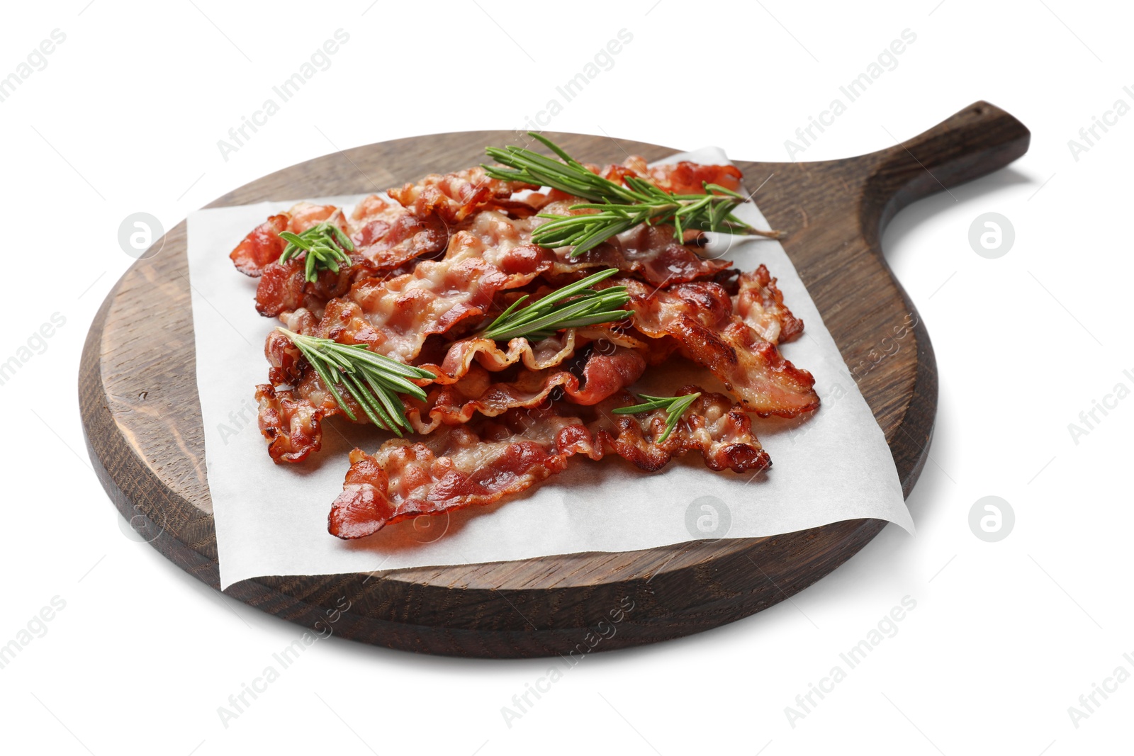 Photo of Slices of tasty fried bacon with rosemary isolated on white