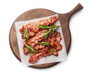 Photo of Slices of tasty fried bacon with rosemary isolated on white, top view