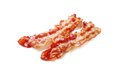 Photo of Slices of tasty fried bacon isolated on white