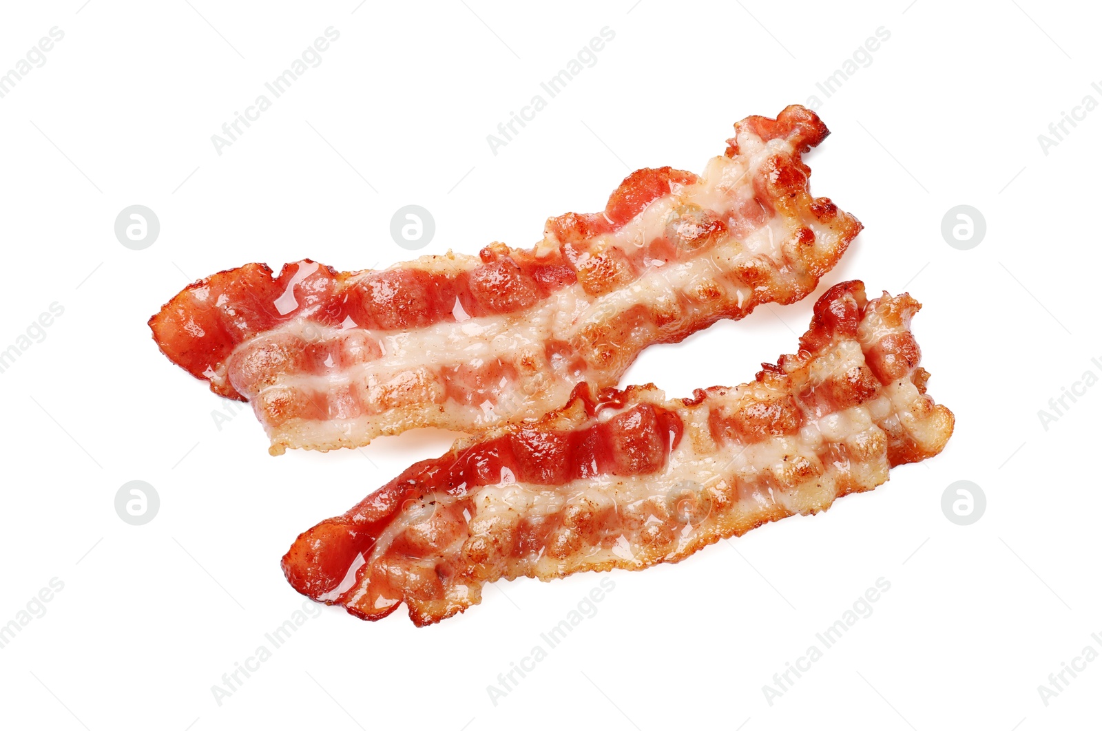 Photo of Slices of tasty fried bacon isolated on white, top view