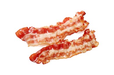 Photo of Slices of tasty fried bacon isolated on white, top view