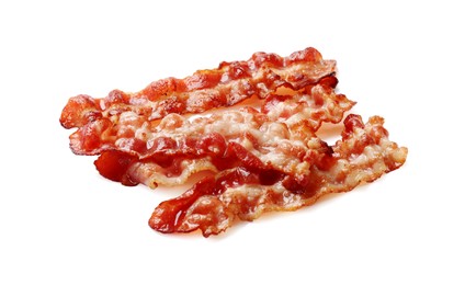 Photo of Slices of tasty fried bacon isolated on white