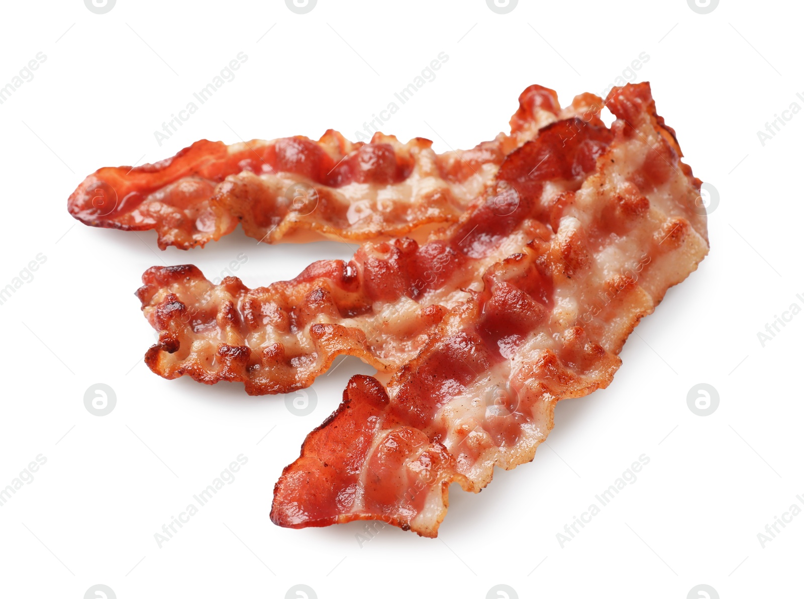 Photo of Slices of tasty fried bacon isolated on white