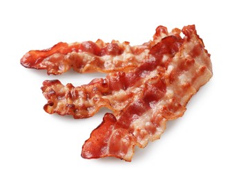 Photo of Slices of tasty fried bacon isolated on white