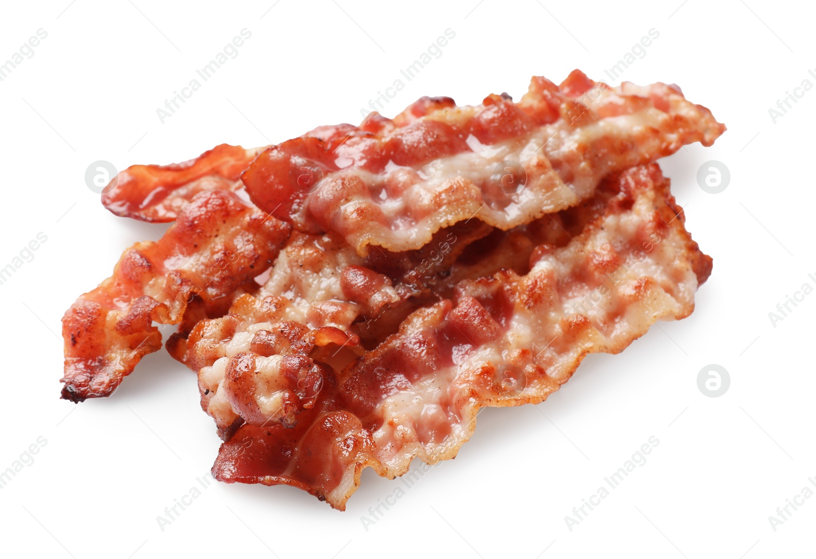 Photo of Slices of tasty fried bacon isolated on white