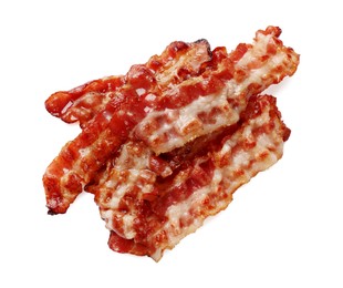 Photo of Slices of tasty fried bacon isolated on white, top view