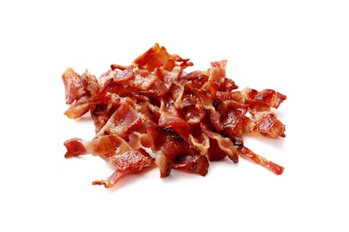 Photo of Slices of tasty fried bacon isolated on white