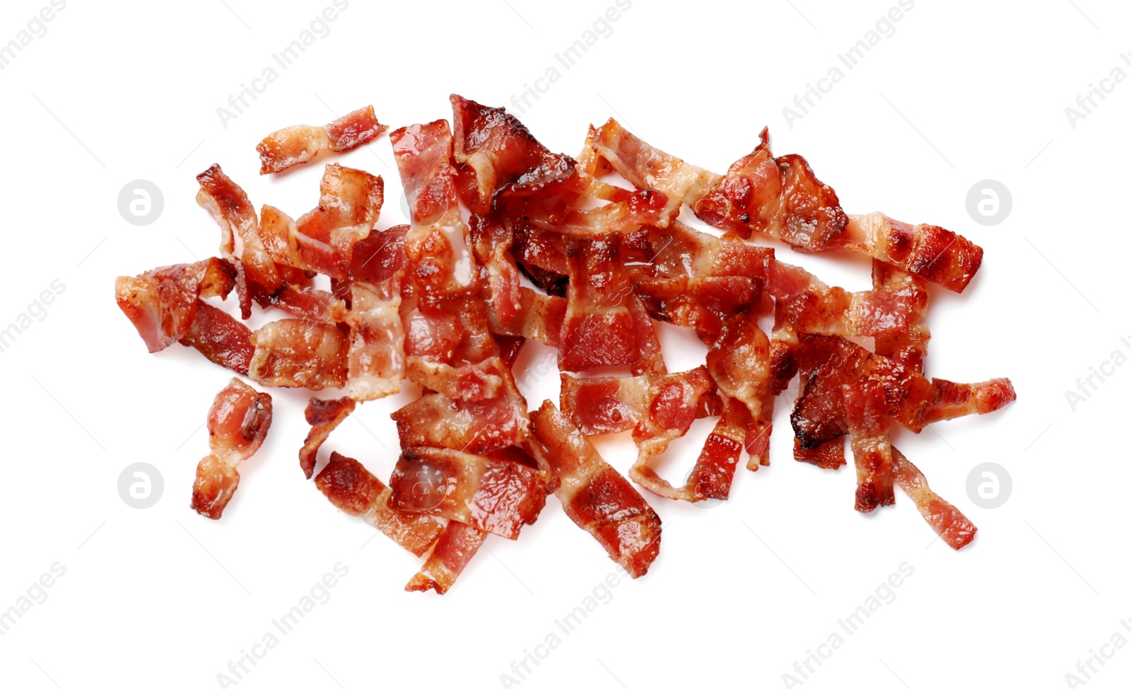 Photo of Slices of tasty fried bacon isolated on white, top view